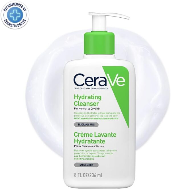 CeraVe Hydrating Cleanser Face and Body Wash for Normal to Dry skin with Hyaluronic Acid and Ceramides Fragrance Free Paraben Free 8Oz, 236 ML - Image 2