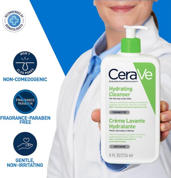 CeraVe Hydrating Cleanser Face and Body Wash for Normal to Dry skin with Hyaluronic Acid and Ceramides Fragrance Free Paraben Free 8Oz, 236 ML