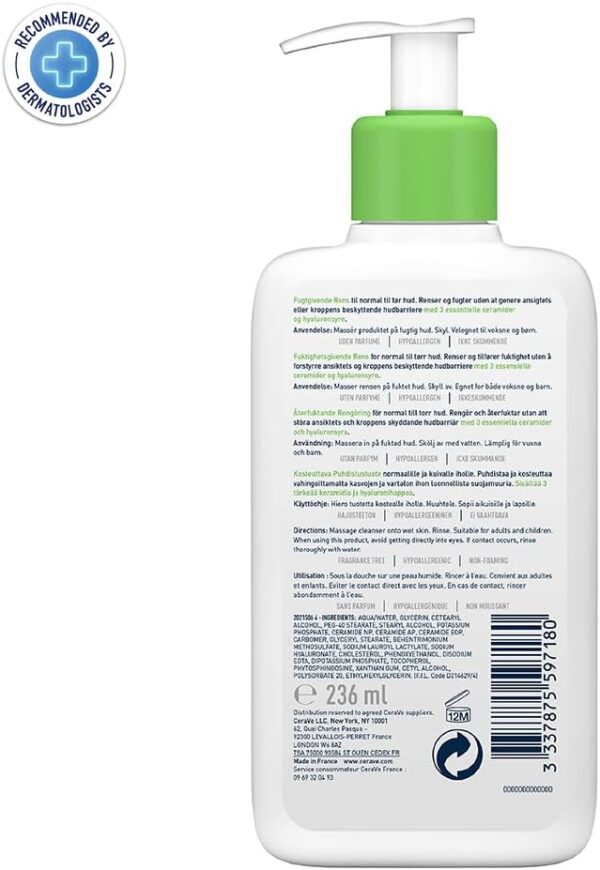 CeraVe Hydrating Cleanser Face and Body Wash for Normal to Dry skin with Hyaluronic Acid and Ceramides Fragrance Free Paraben Free 8Oz, 236 ML - Image 6